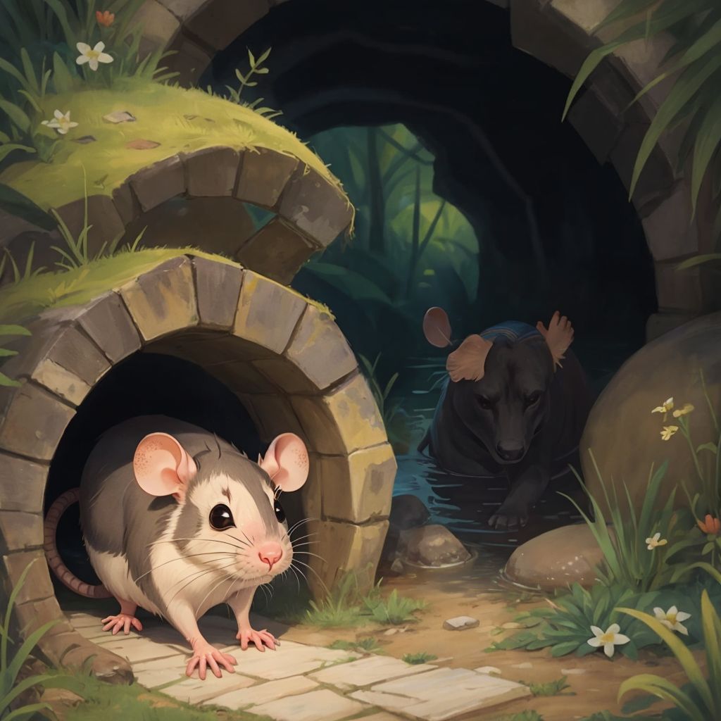 Rubber the Rat peeking shyly from his burrow entrance, watching children playing by the riverside in the distance