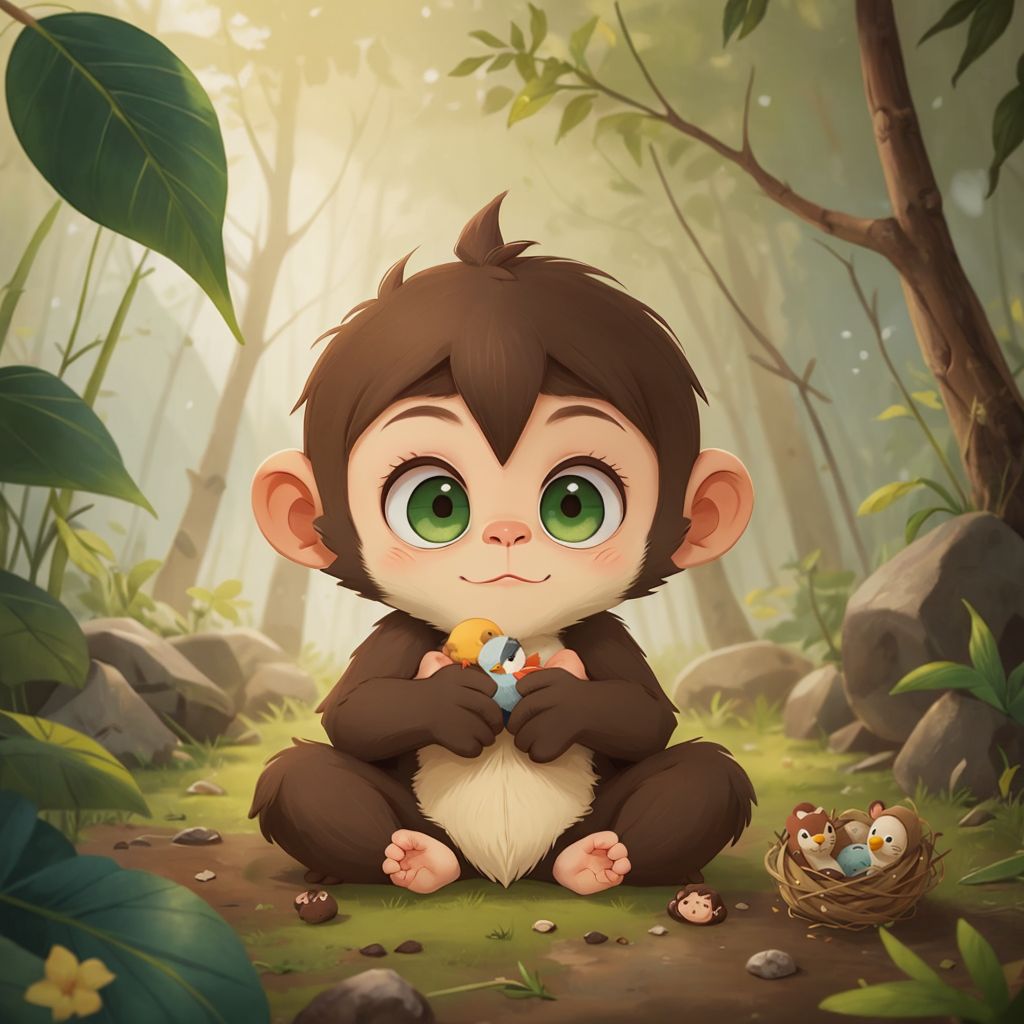 Baby monkey gently holding a small injured bird in his hands. A makeshift nest is visible nearby.