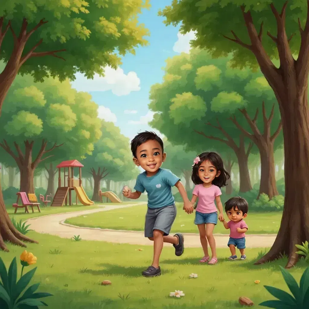 Adam playing in the park surround by trees. Aila and Abel enjoying the walk beside him.