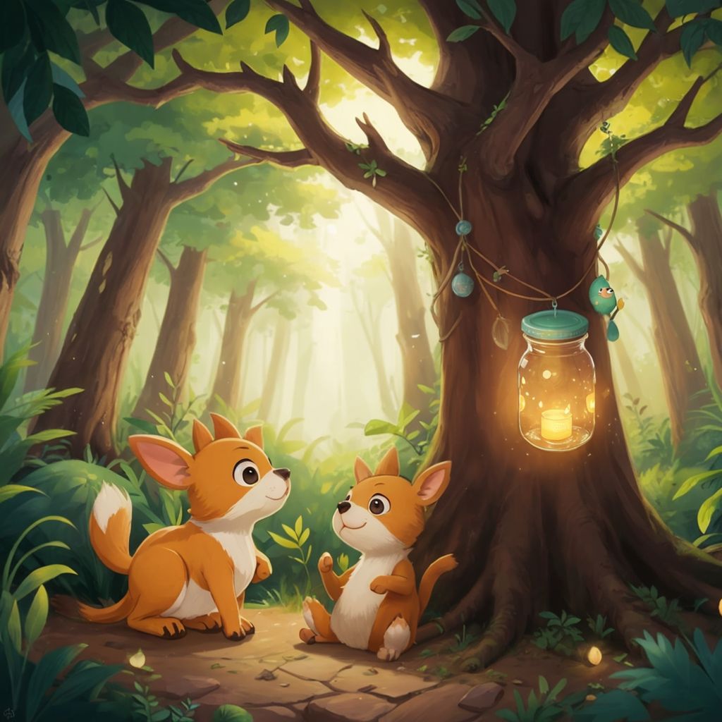 Mousedeer and Kancil hiding behind bushes, observing a tall ancient tree where twinkling creatures surround a glowing jar