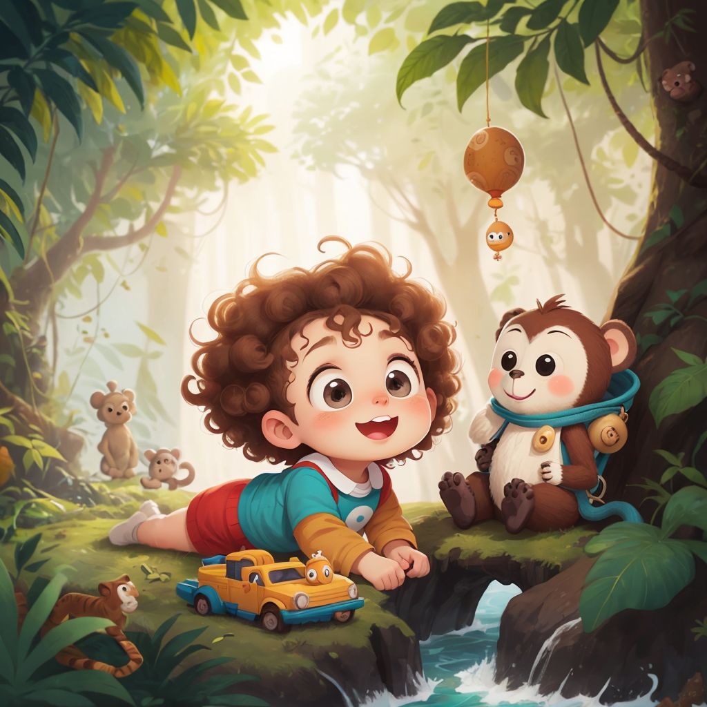 A Boy with curly hair and a well-loved stuffed Monkey with button eyes flying through a dreamscape of jungles and oceans.