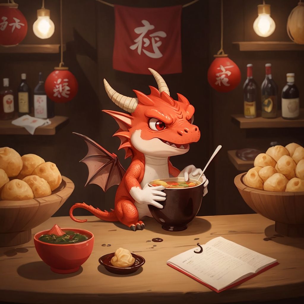 Bixi at a bustling market, with a surprised expression as soup splashes from a xiaolongbao dumpling.
