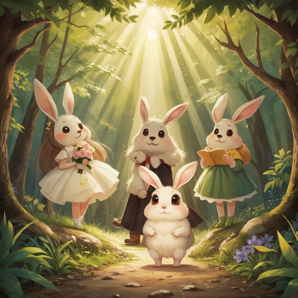 Marry and her friends cheering happily at the edge of the forest, sunlight shining through the trees, Bax Bunny looking proud