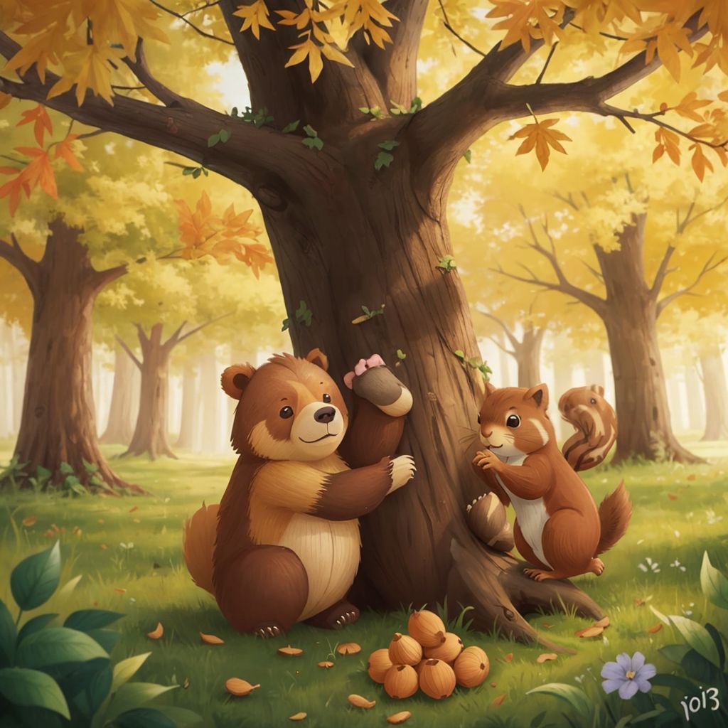 Kuschi and the brown squirrel gathering acorns together under a large oak tree