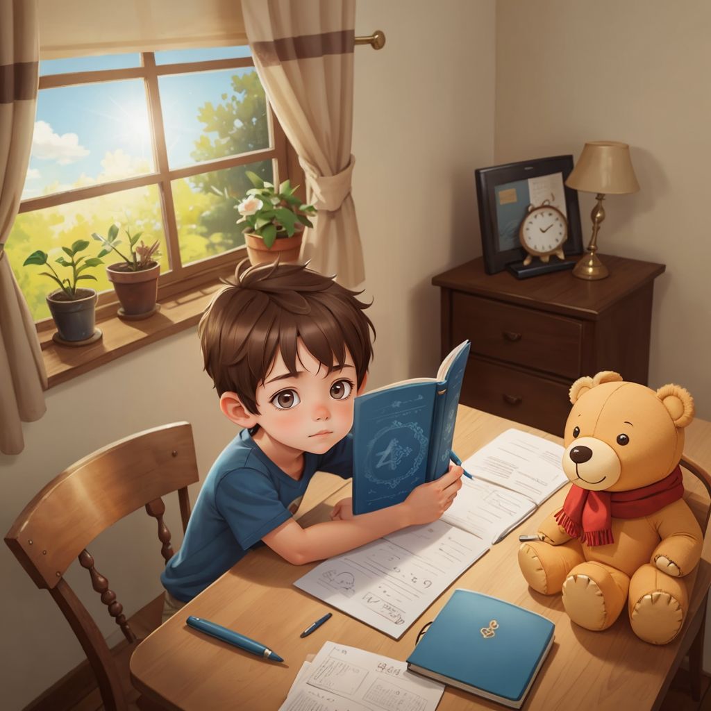 Alex writing in a blue journal at his desk, Charlie (brown stuffed bear with red bowtie) propped up next to him. Sunlight streaming through the window.