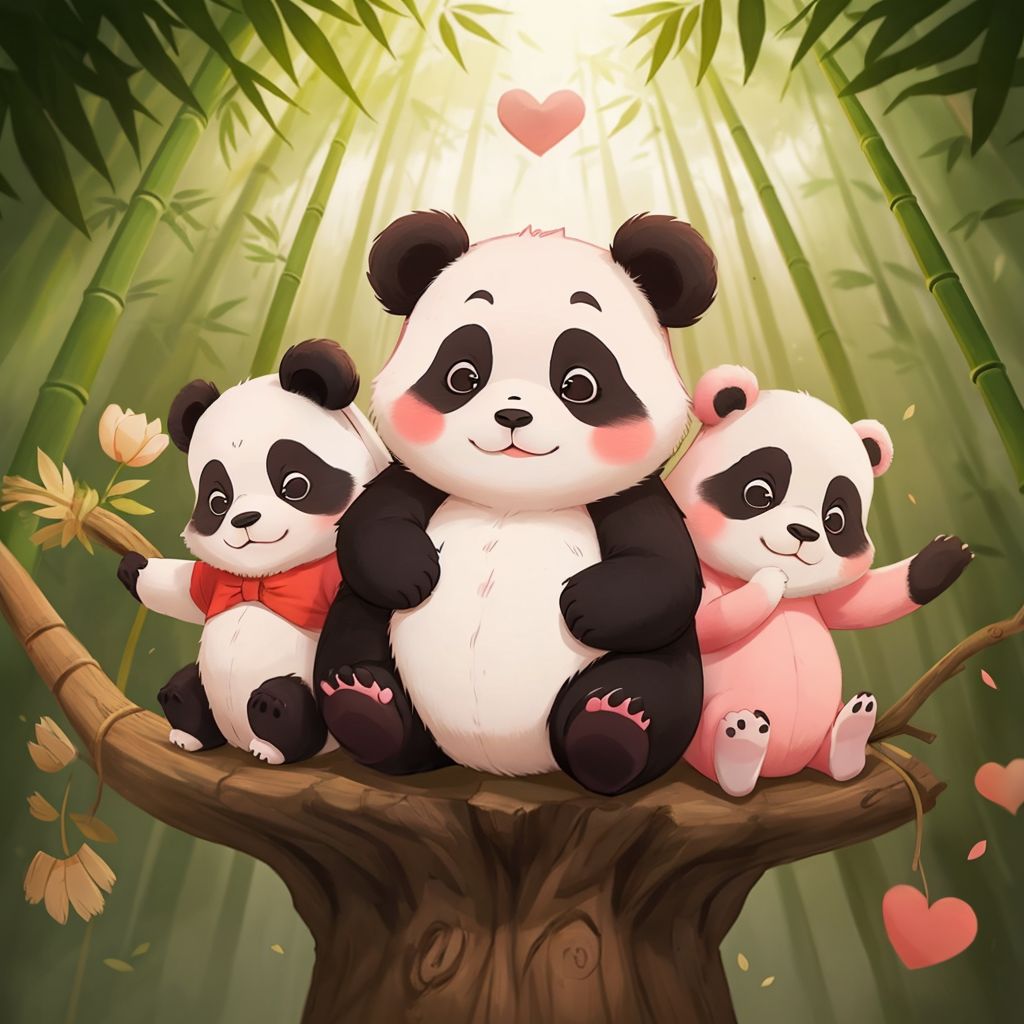 Polly Panda with a happy heart, surrounded by her siblings in a bright and cheerful bamboo forest