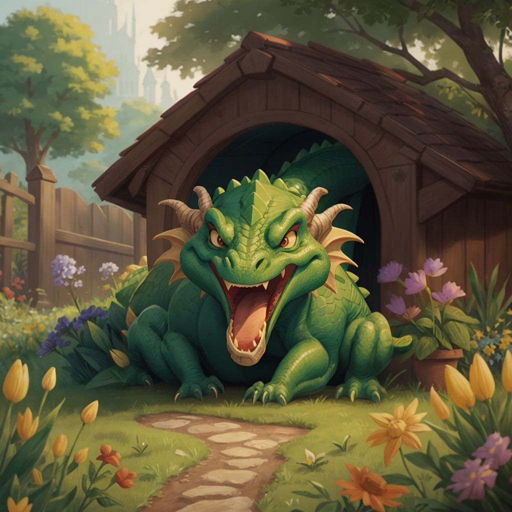 Fizz using his warm breath on the soil in Mrs. Thompson's garden, with flowers blooming beautifully around