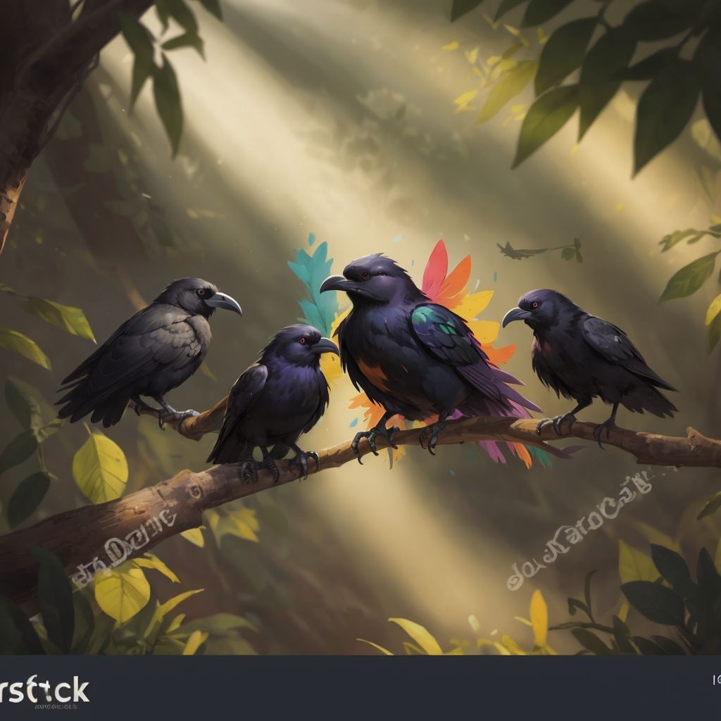 THE MULTICOLORED RAVEN with rainbow-colored feathers perched on a branch, surrounded by black ravens who are pointing and laughing. Sunlight streaming through trees in the background.