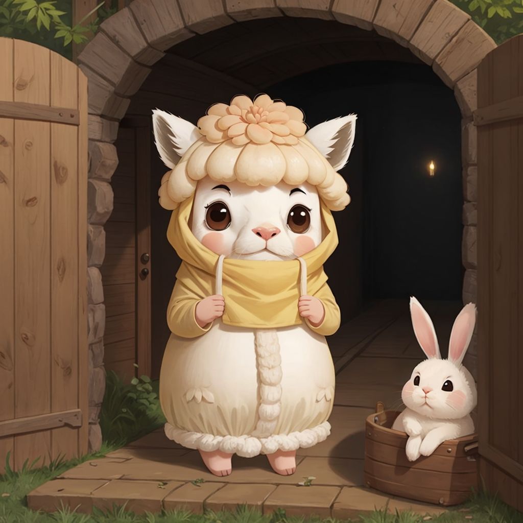 Annie the alpaca carrying a favorite blanket and small pillow, greeted by a smiling Bella the bunny at the entrance of a burrow.