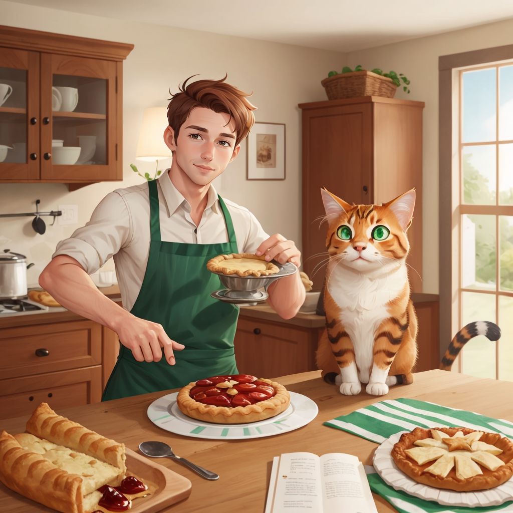 Harold presenting a special pie to Tom, the ginger cat with emerald eyes, in the warm bakery light