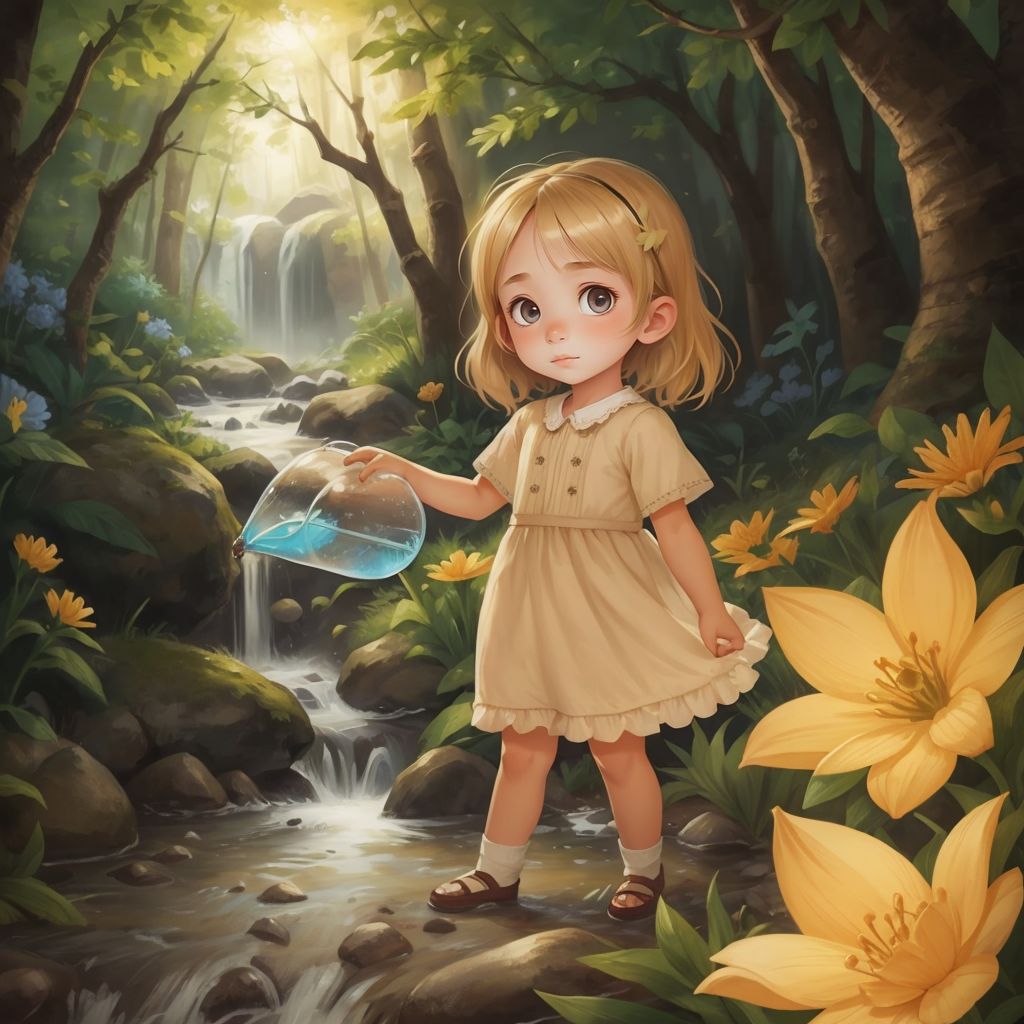 Emma carefully carrying water from a magical stream to the glowing flower