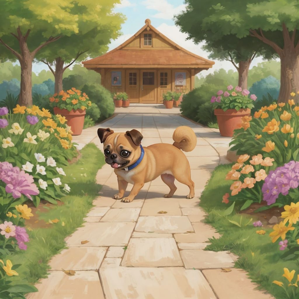 Punkin trotting along a path lined with colorful flowers, a town park visible in the distance