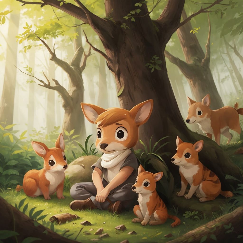 Mousedeer with a sad expression in a forest clearing surrounded by worried animals. A clever-looking small deer named Kancil listening attentively nearby