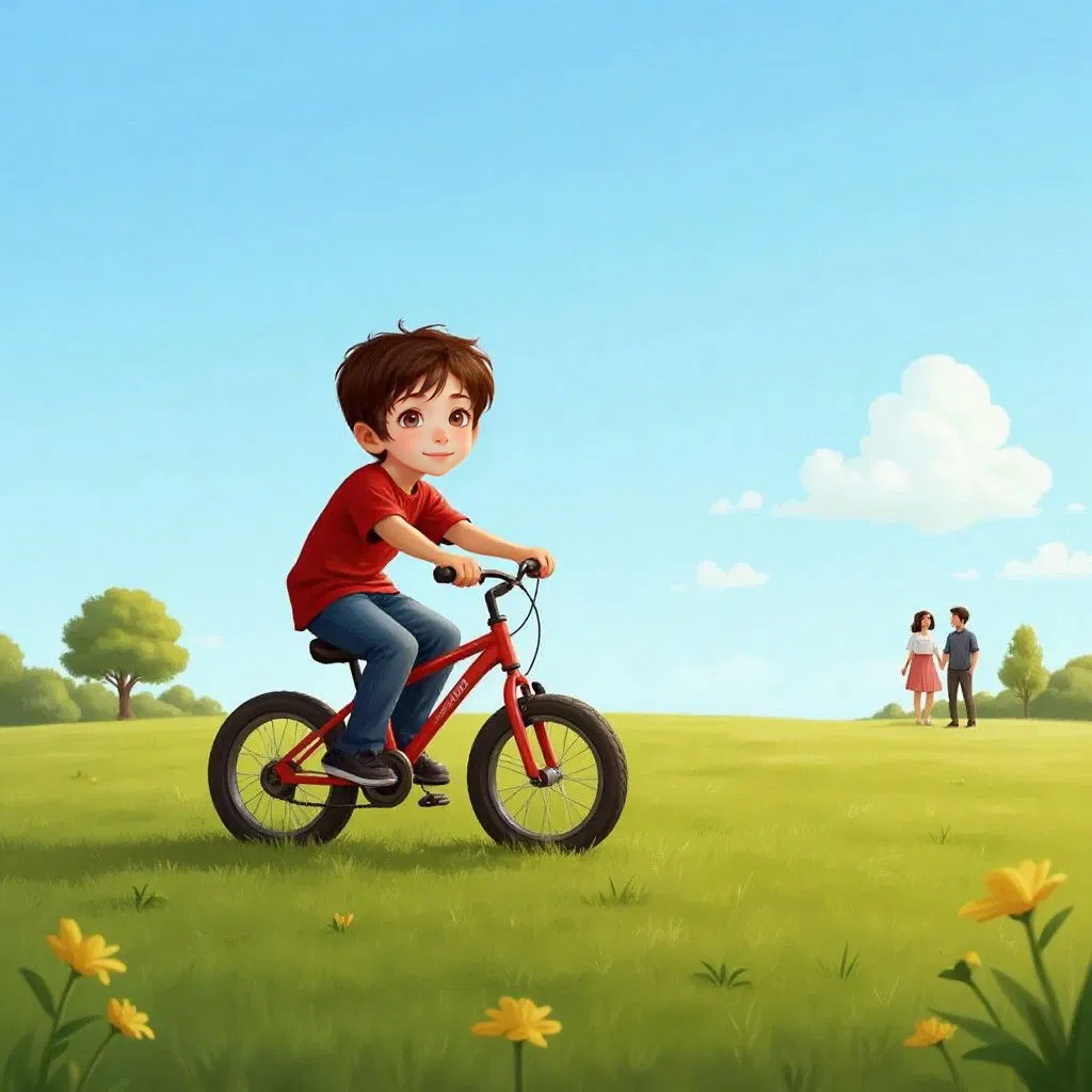 Logan practicing on his bicycle in an open field, his parents watching from a distance