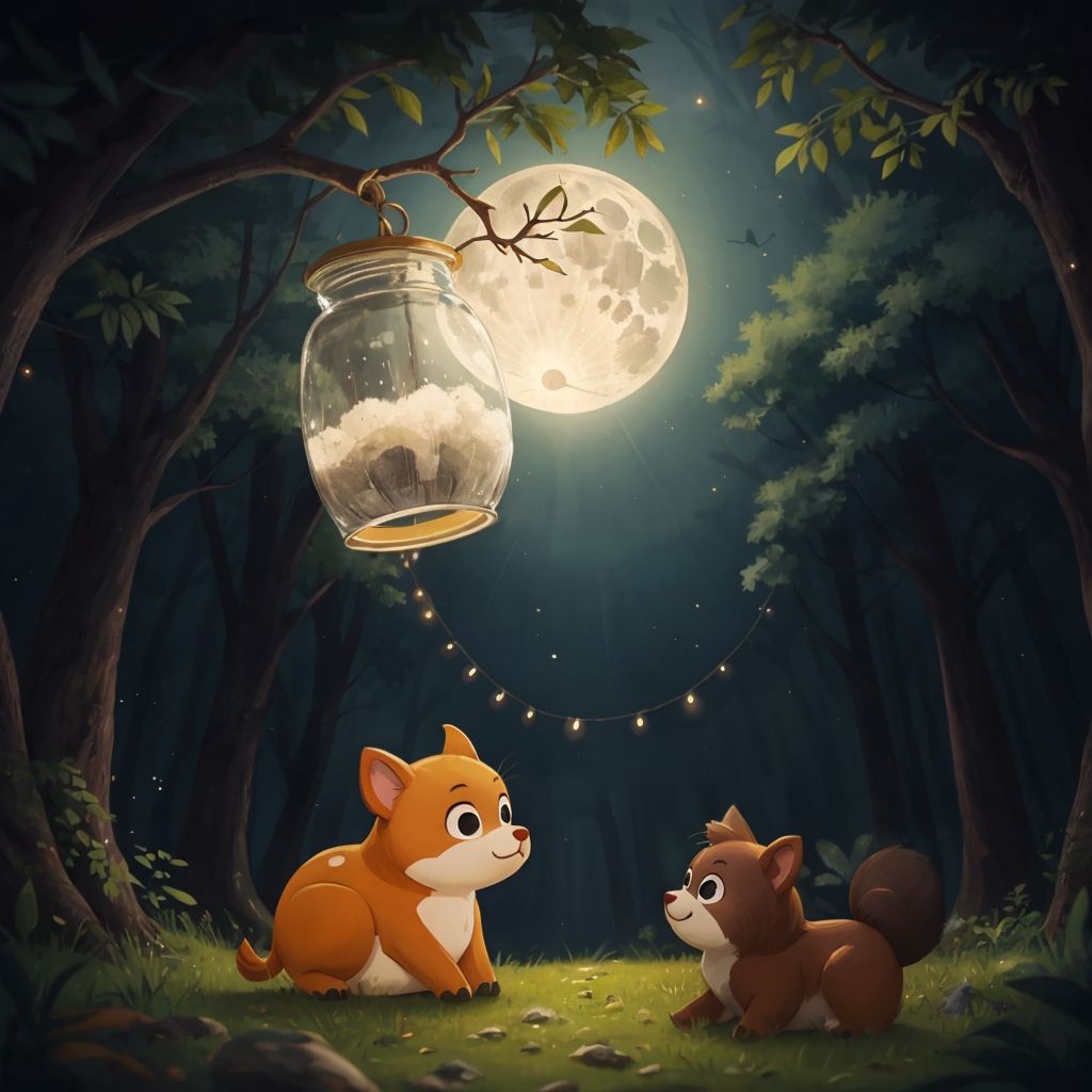 Moonlight pouring out of an open jar, illuminating the forest. Mousedeer, Kancil, and fireflies with happy expressions beneath the restored moonlight