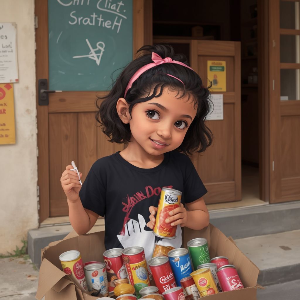 Mayar holding a can of food with a look of pride, in front of a collection box