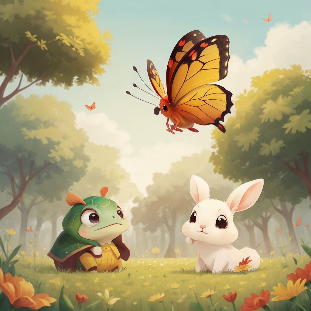 Lulu flying joyfully over a field of flowers, her wing fully healed. Kiki and Cici watching her with admiration.
