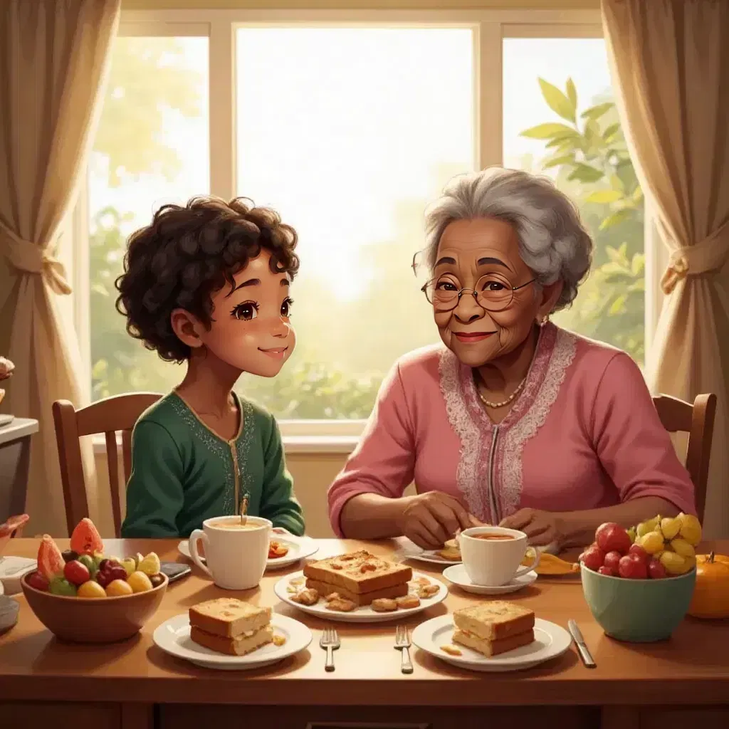 A breakfast table with colorful fruits and toast, Zora listening intently to Grandma