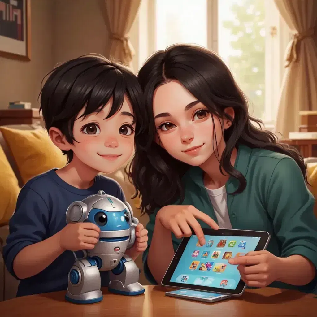 An excited Zach holding a silver and blue toy robot in his hands, while his mother points to a tablet showing colorful game icons on the screen