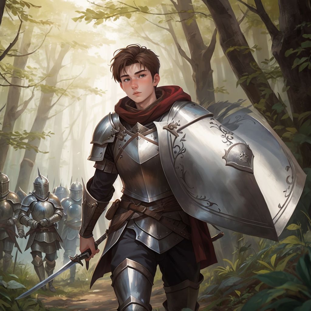 Beowulf leading The Warriors of Heorot through a misty forest path. The warriors wearing silver armor with shields and swords