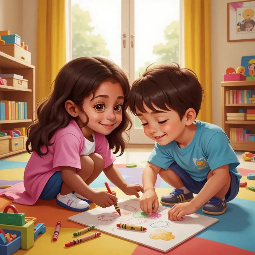 Emma and Matteo sitting on a colorful playroom floor, Emma teaching Matteo how to draw with crayons, both with gentle smiles on their faces