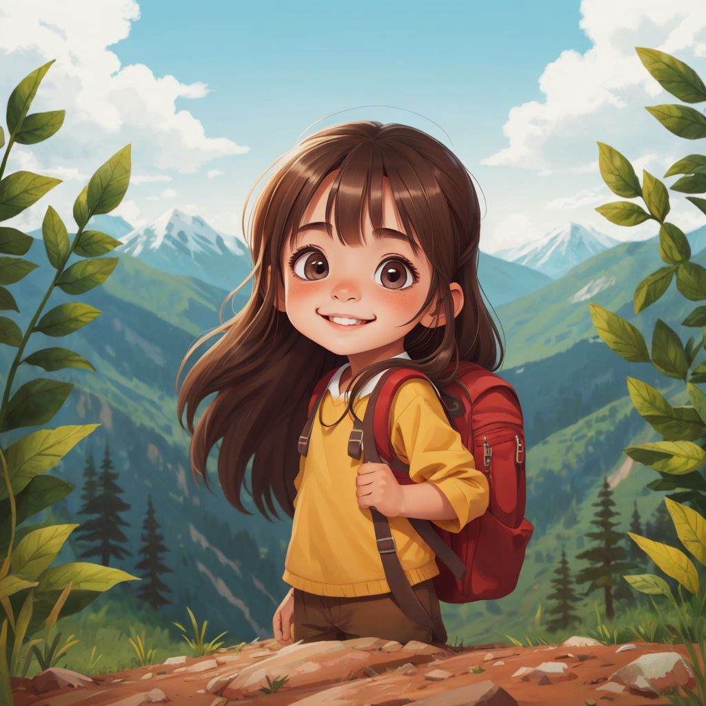 Liz standing on a mountain trail with a backpack, looking excited