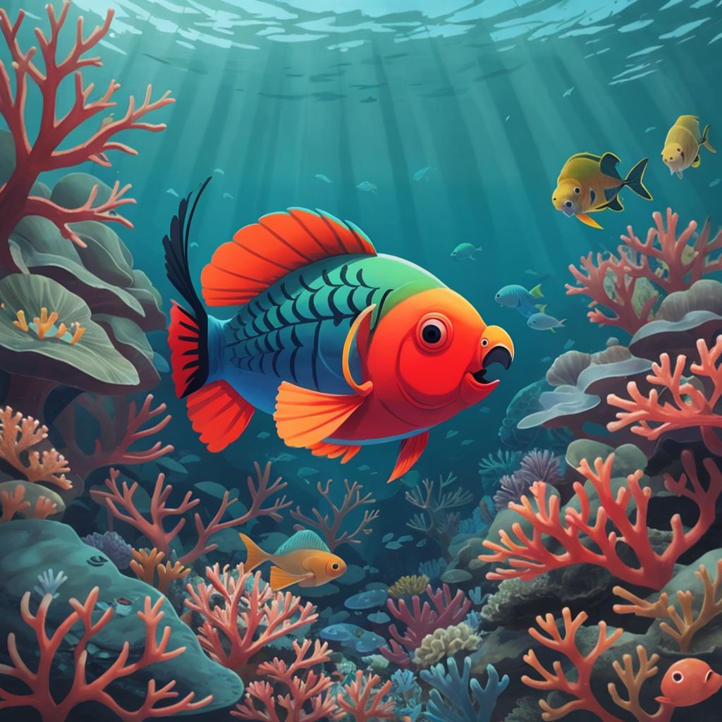 Rollie, a parrot fish, swimming in a colorful coral garden