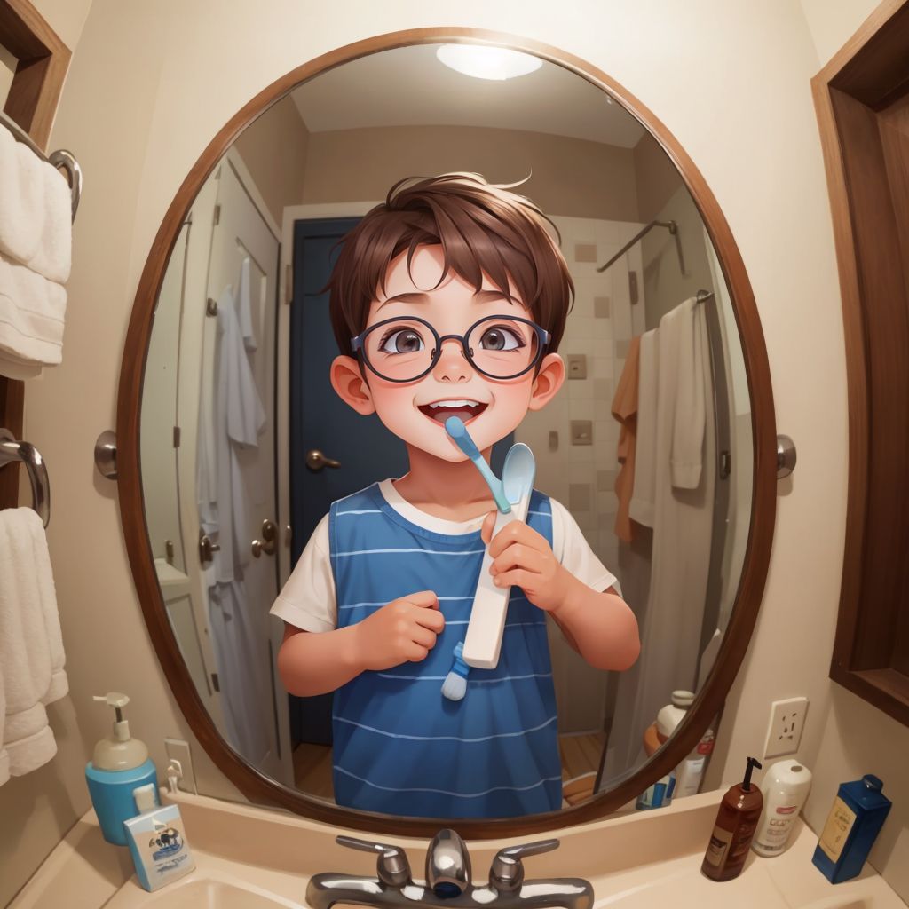 Benny brushing his teeth in front of a bathroom mirror, moving the toothbrush in small circles