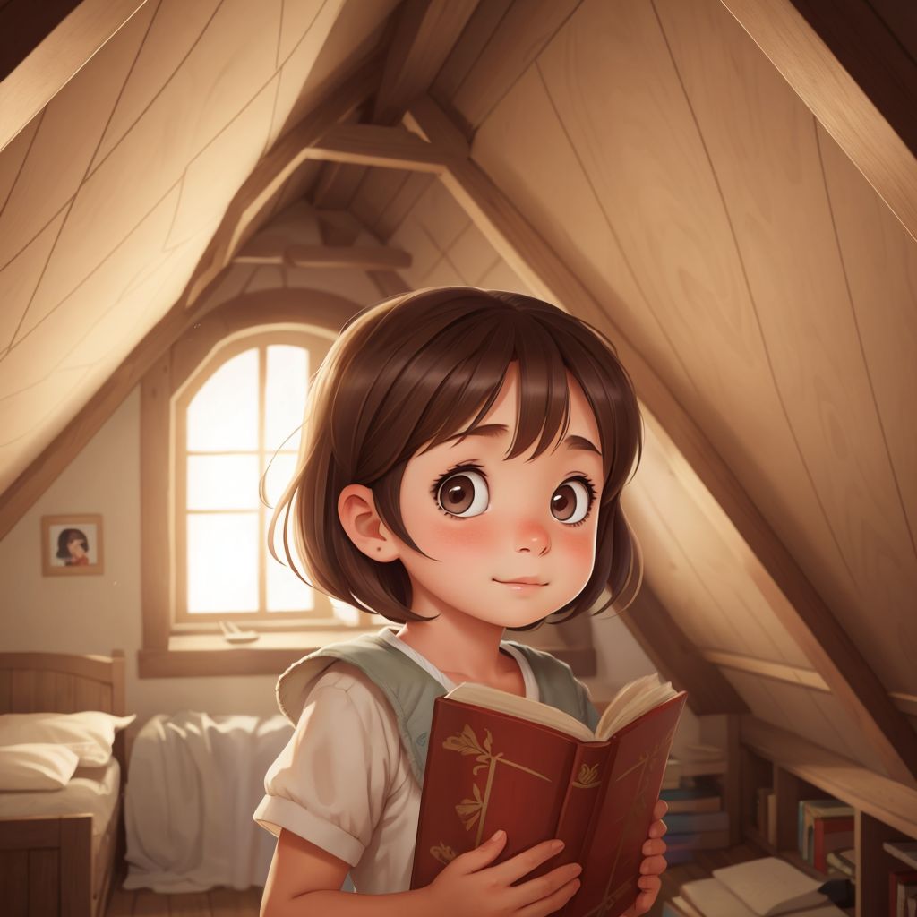 Jana discovering a magical book in the attic, with a look of wonder on her face.