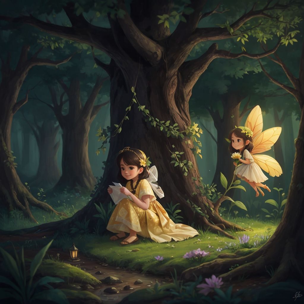 The Ancient Tree illuminated by moonlight, its golden patterns glowing, while the Flower Fairy's eyes sparkle with wonder. Mystical forest surroundings.