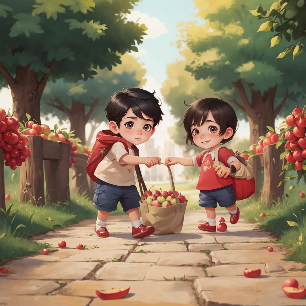 divide the page to 2 parts upper part show Siraj helps Batoul to carry the bag of apples and lower part shows siraj with the kindness seed sprout and shine