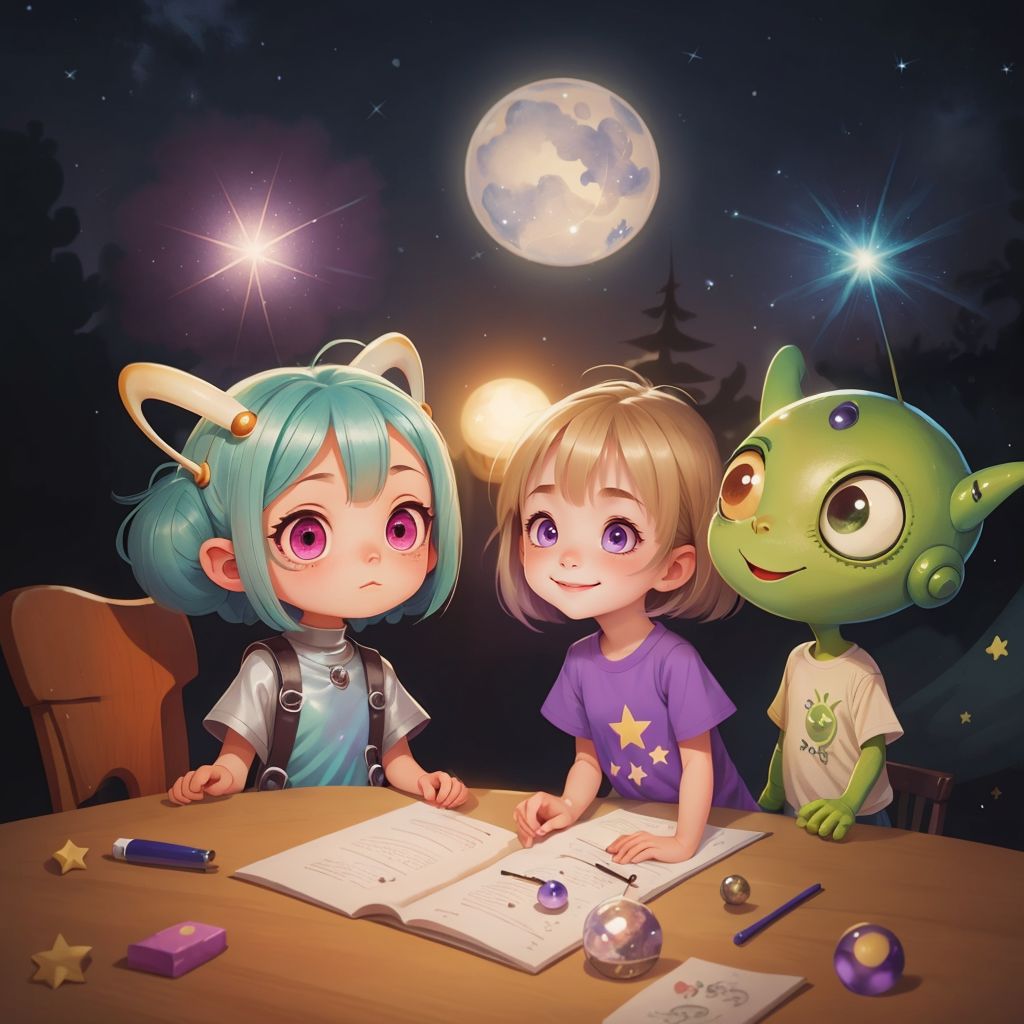 Mella spinning in excitement, Aria laughing, and Zog with a joyful expression as they catch stardust bubbles on the moon.