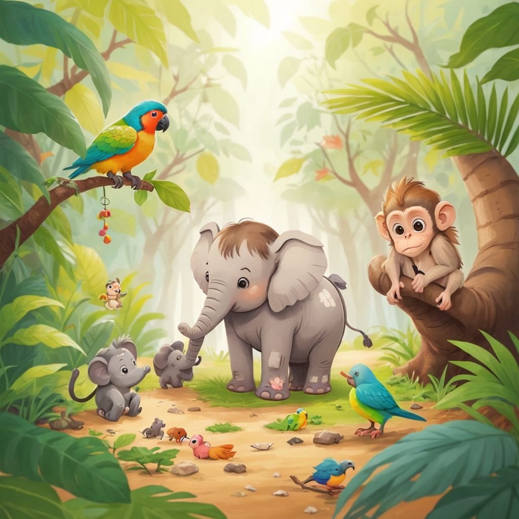 Ella the gray small elephant standing in a lively jungle with a baby monkey and a colorful bird, all playing happily under the sun