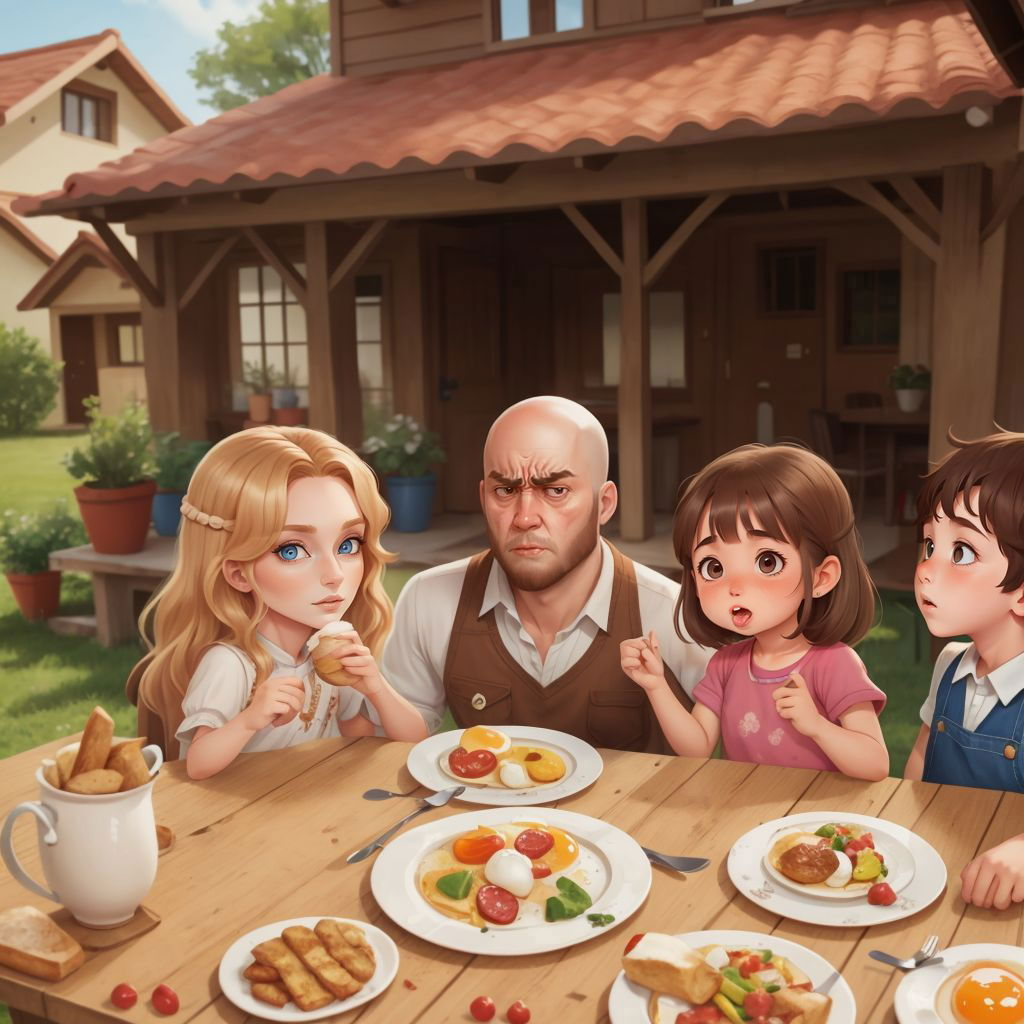 Mum, Dad, Darcy and Brother sit at an outdoor table in front of their house eating eggs and bacon on toast / Dad looks angry / Darcy is throwing a plate of food and yelling / everyone is looking at Darcy