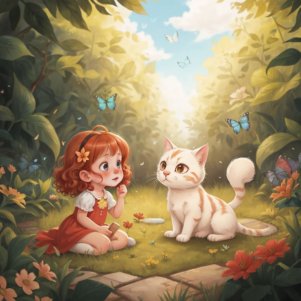 Bowie the Cat and Lucy playing in a lush garden, with butterflies fluttering around. Bowie attempting to catch a butterfly with his paw.