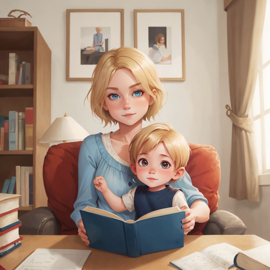 Boy snuggled in Mom's lap, both smiling softly, with a book open in front of them