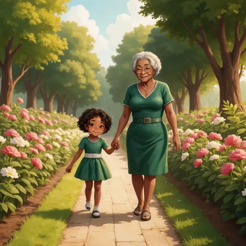 Zora and Grandma walking hand in hand along a garden path lined with roses and daisies