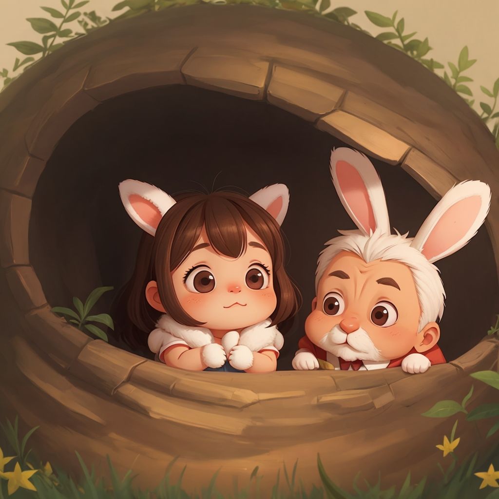 Bella, a little bunny girl with a big smile, in a cozy burrow with Papa bunny, a gentle bunny man