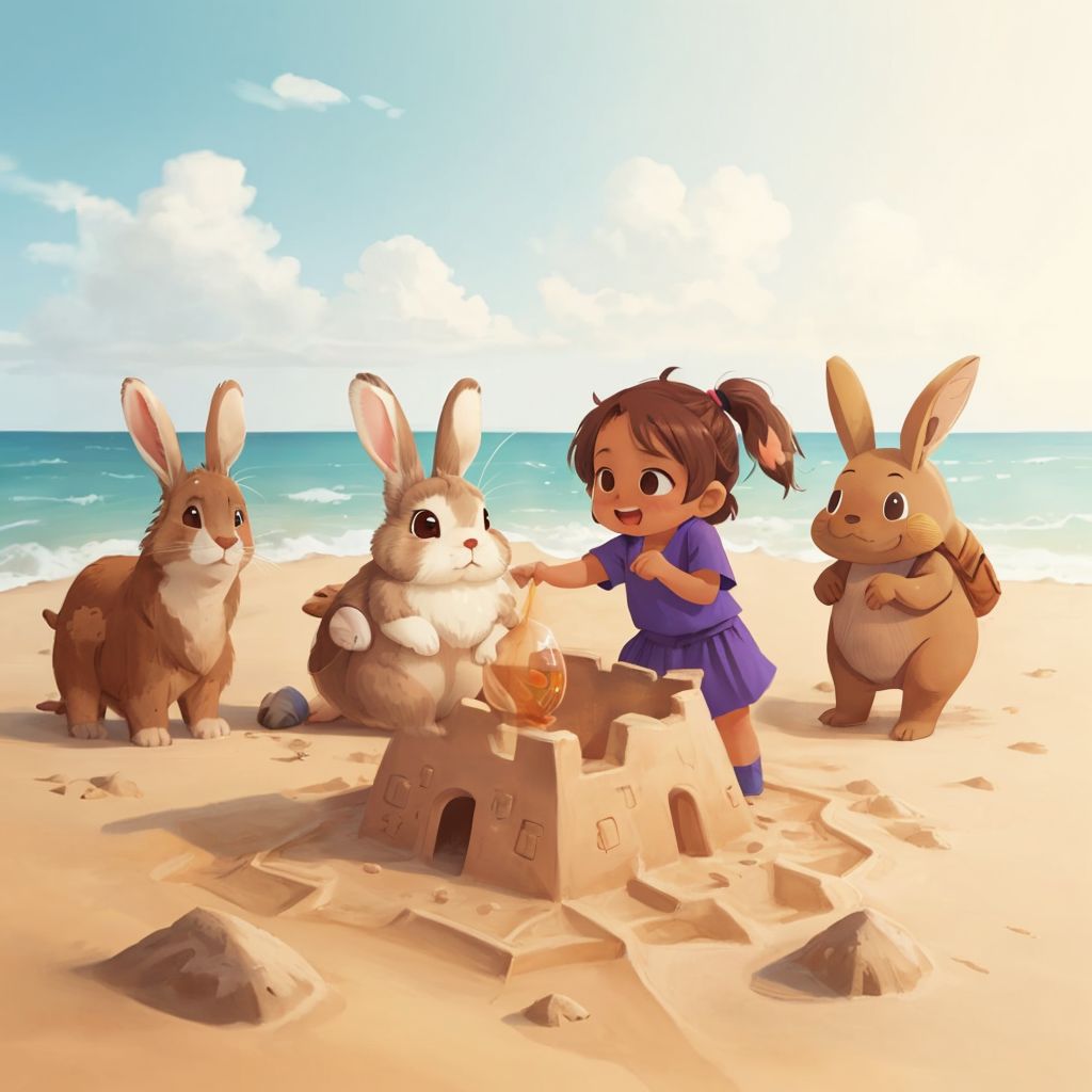 Ellie, Benny, Mia, and Sammy admiring a large, intricate sandcastle. All characters smiling proudly, with the ocean in the background.