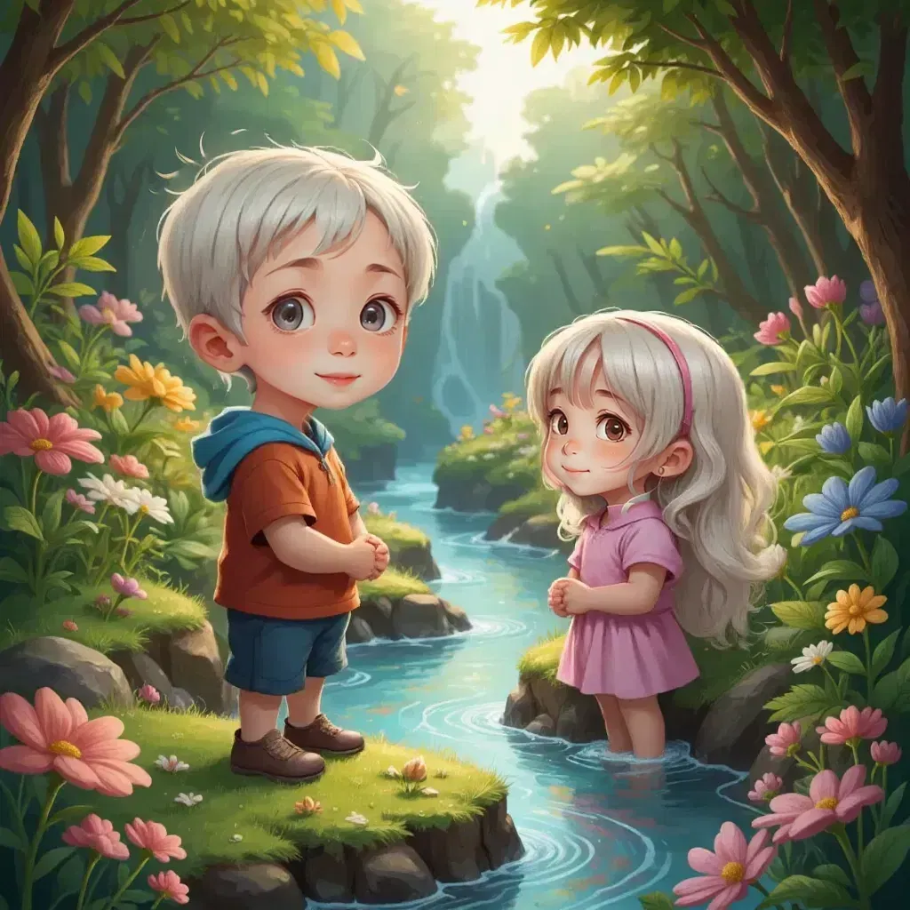 A lush and enchanted island with colorful plants and a sparkling stream, Isaac and Zoe looking around in wonder