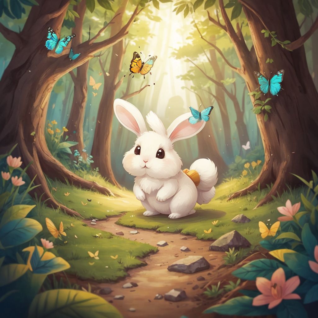 Benny the Bunny hopping around in Giggle Woods, surrounded by colorful butterflies