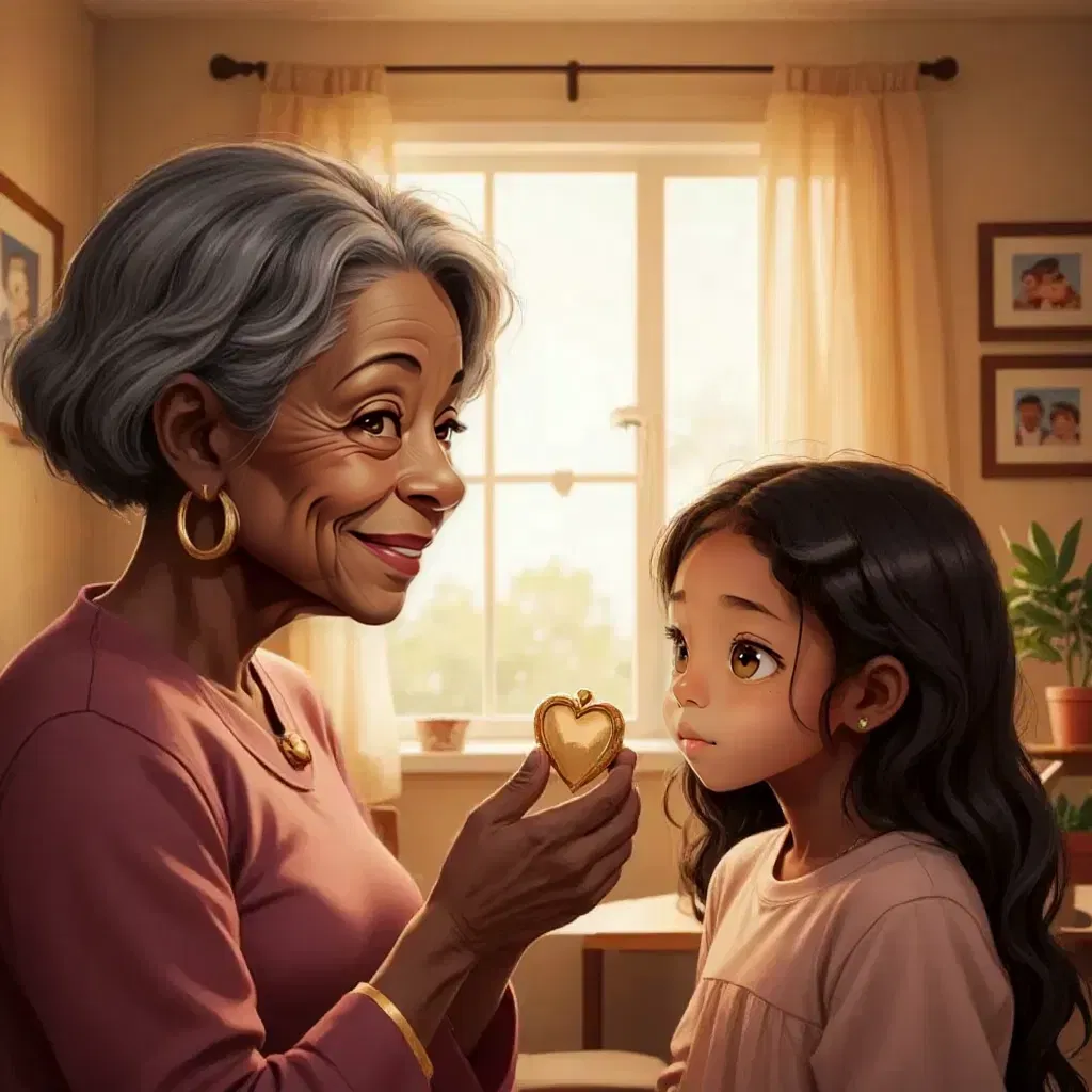 Mama Zee showing a golden heart-shaped locket to an attentive Amara. Warm afternoon light streaming through a window.