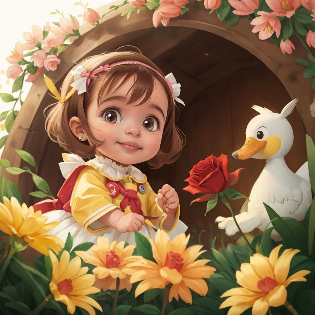 Sabi smiling and touching the petals of a red rose. Ducky, the smiling scout duck, pointing at the flower. Bright flowers in the background.