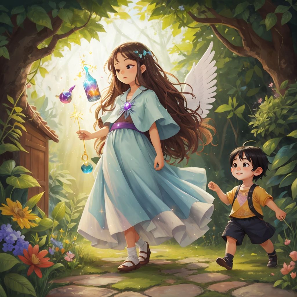 Ms. Klerry tending to her garden, with a magical aura surrounding her. She is looking at Duy with a warm smile