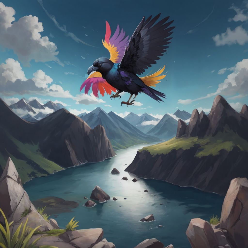 THE MULTICOLORED RAVEN flying over a landscape with sparkling rivers and tall mountains against a blue sky