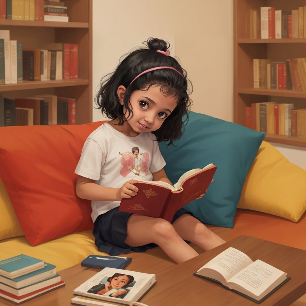 Mayar reading a book in living room.