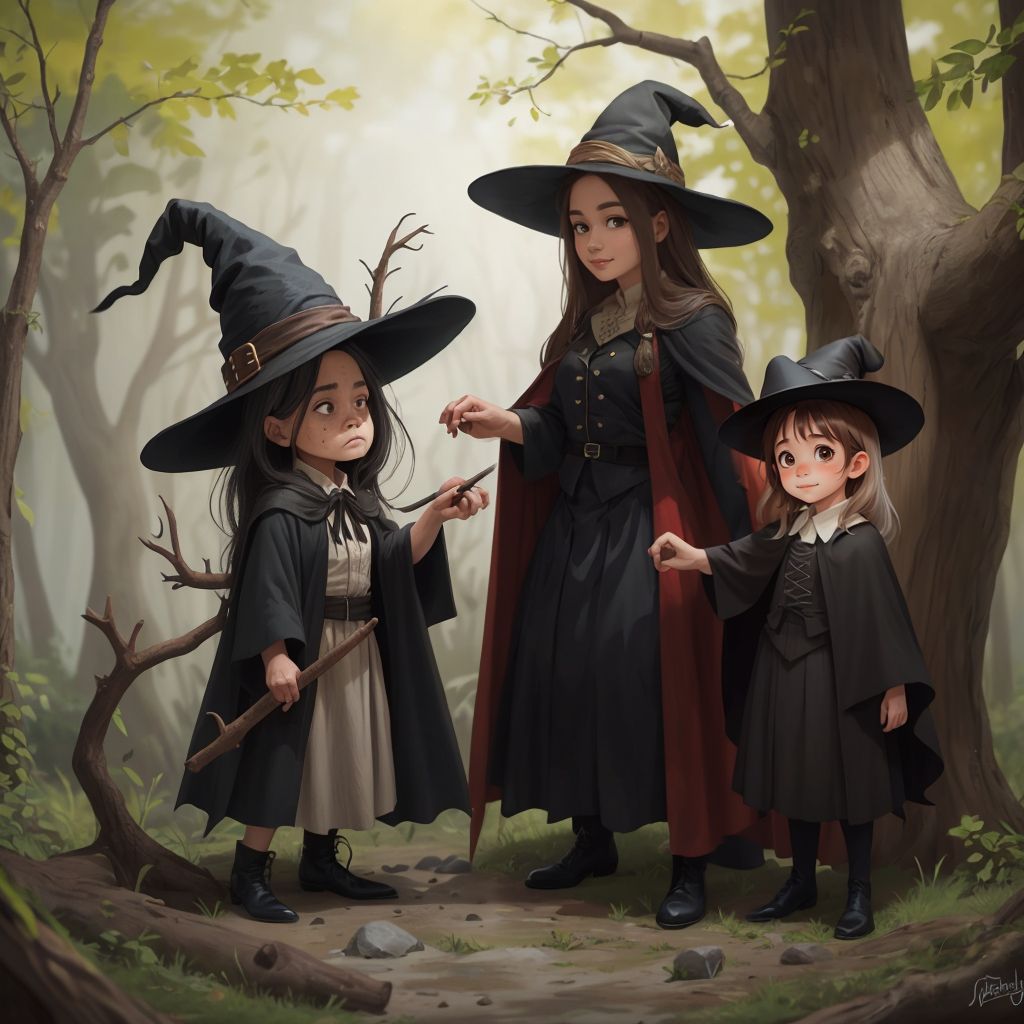 An old witch with long grey hair, wearing a crooked black hat and flowing black cape, standing by a large oak tree. Claire standing a few feet away, looking brave but cautious