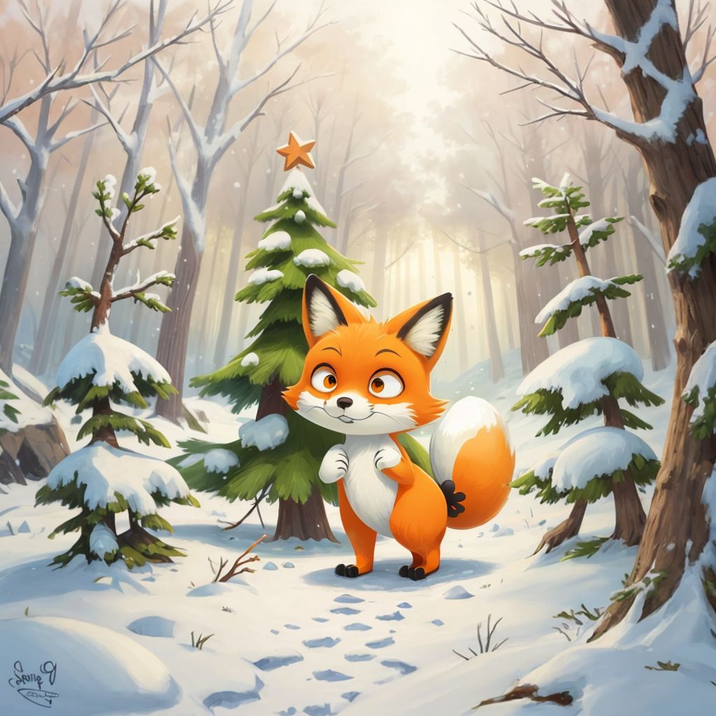 Little Fox standing in the snow with a sad expression, surrounded by a snowy forest
