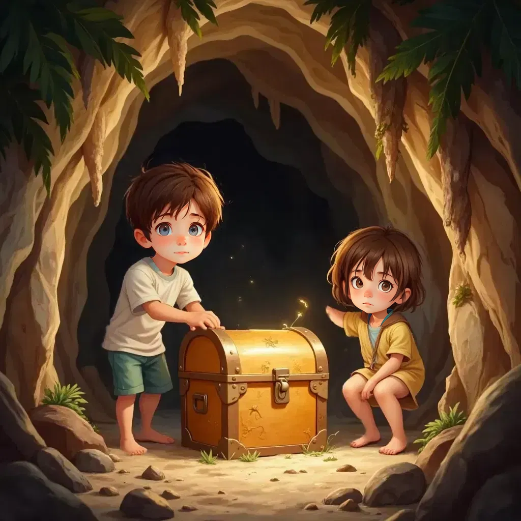 Finn and Lila approaching an old and mysterious golden chest, the cave glowing softly.