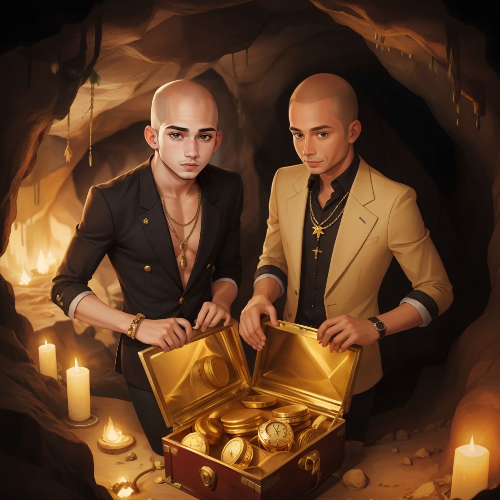 Adam and Sammy opening a chest filled with gold coins and jewels inside a glowing cave.